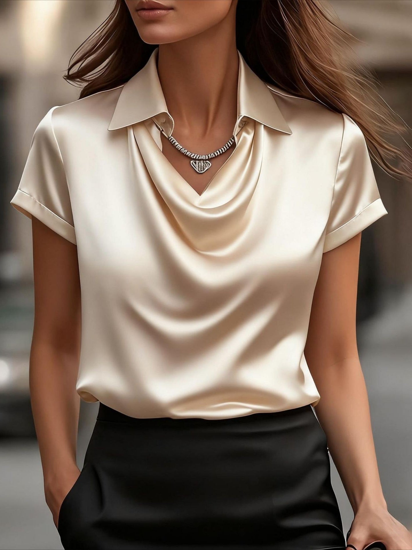 Women's Satin Blouse Cowl Neck Cuffed Sleeves - VibreMode