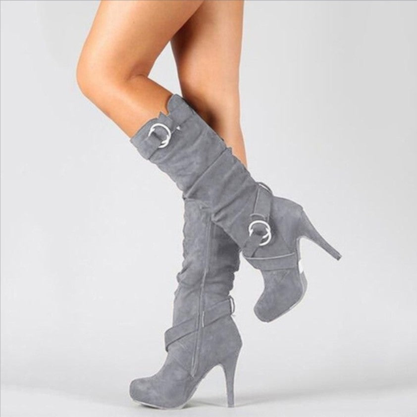 Women's Knee High Stiletto Boots Buckle Strap - VibreMode