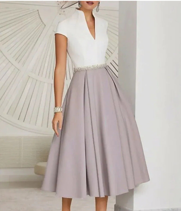 Women's V-Neck Summer Dress White Flared