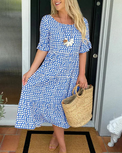 Women's Midi Dress Dot Print Ruffle Sleeves Round Neckline