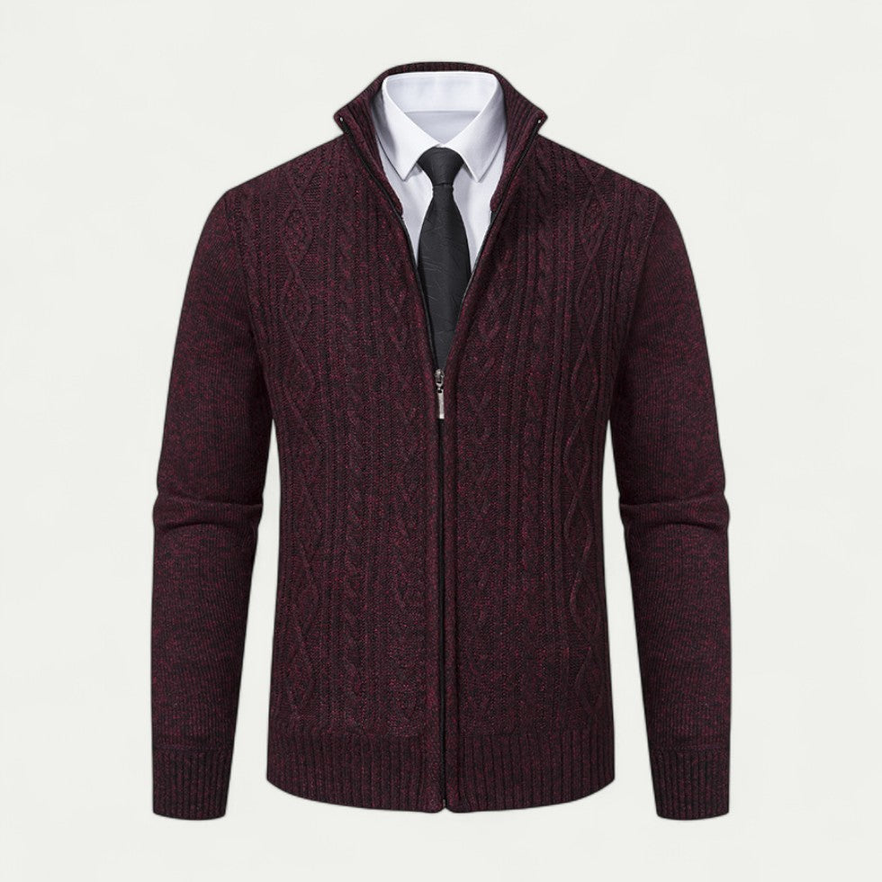 Men's Cable-Knit Zip-Up Cardigan Ribbed Hem High Collar