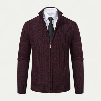 Men's Cable-Knit Zip-Up Cardigan Ribbed Hem High Collar
