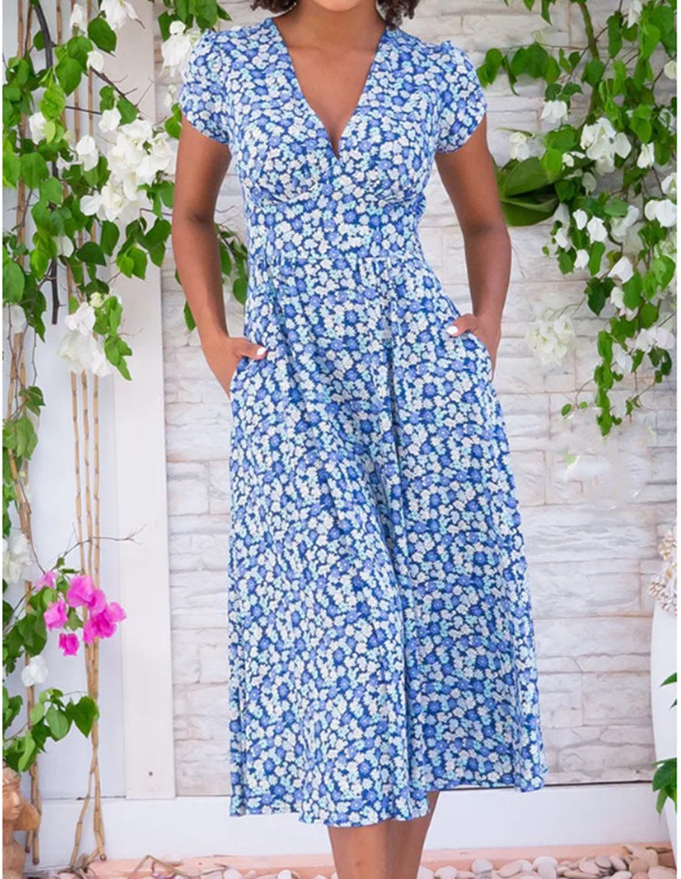 Women's V-Neck Midi Dress Short Sleeves