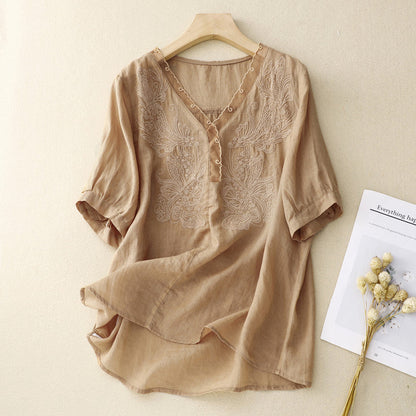 Women's Linen Blend Short Sleeve Blouse Embroidered V-Neck