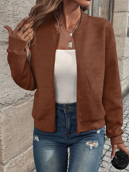 Women's Zip-Up Cardigan Ribbed Hem Long Sleeves