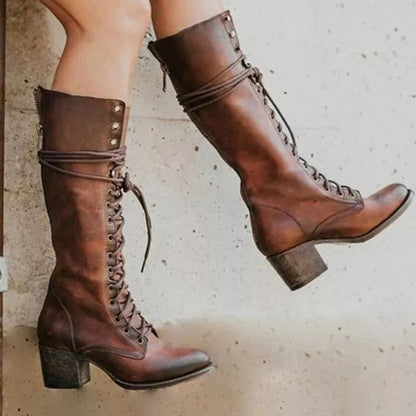 Women's Knee High Lace-Up Boots Chunky Heel Brown