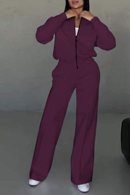 Women's Zipper Jacket And Wide Leg Pants Set
