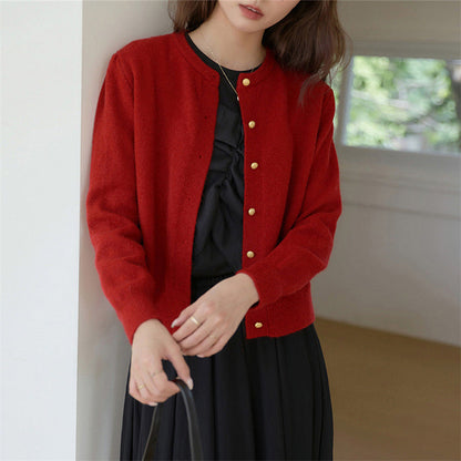 Women's Knitted Cardigan Retro Round Neck Small Gold Button - VibreMode