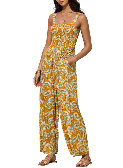 Women's Smocked Jumpsuit Wide Leg Cotton Side Pockets