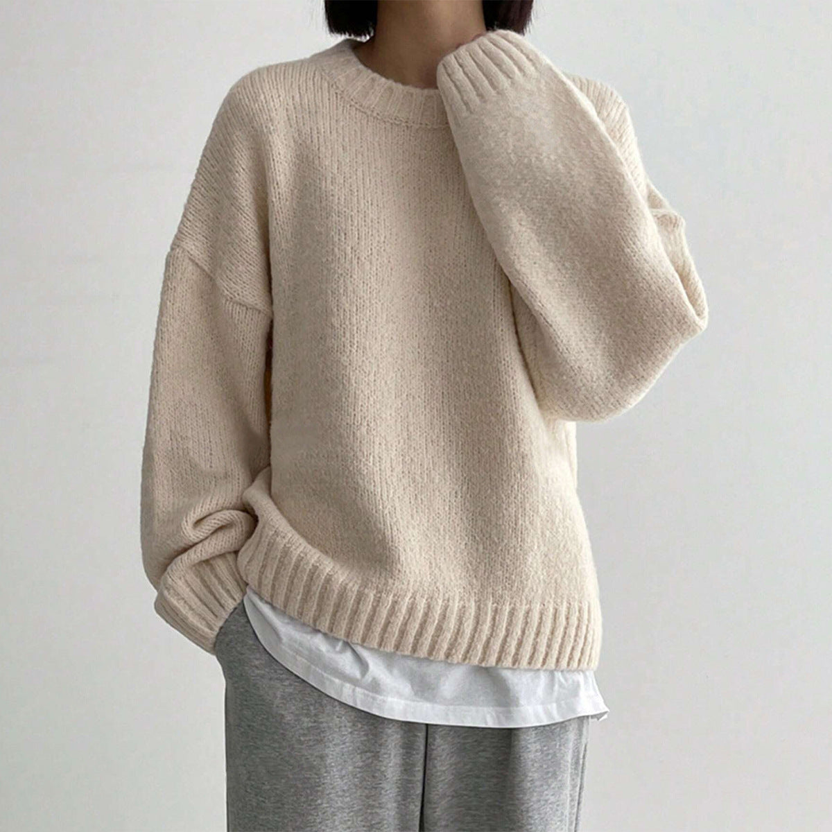 Women's Oversized Knit Sweater Crew Neck Ribbed Trim