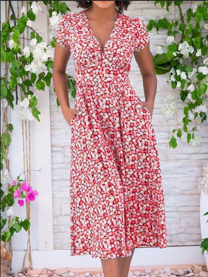 Women's V-Neck Midi Dress Short Sleeves - VibreMode