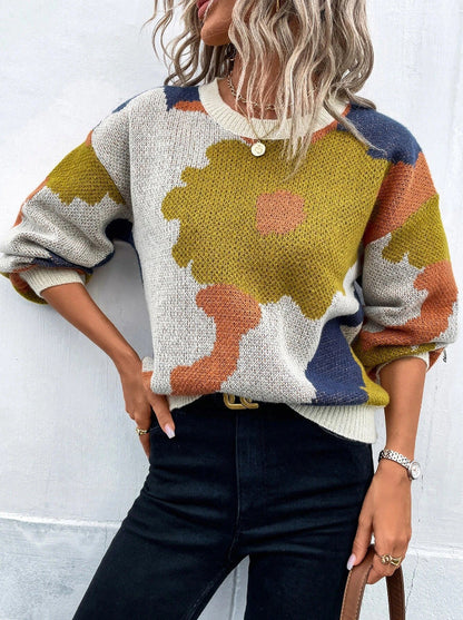 Women's Patterned Knit Sweater Round Neck Balloon Sleeves