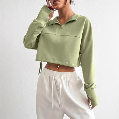 Women's Cropped Zip Neck Sweatshirt Balloon Sleeves - VibreMode