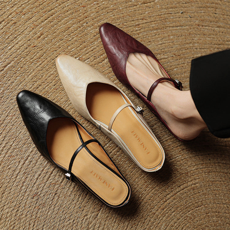Women's Pointed Toe Flat Mules Single Strap Buckle Black