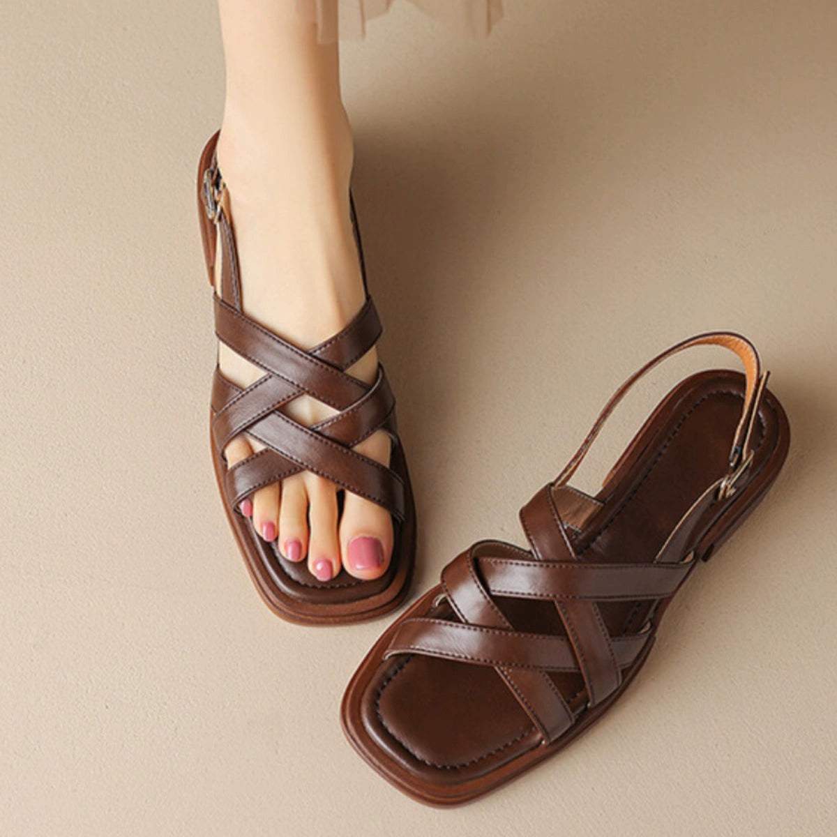 Luxury Brown Leather Flat Sandals
