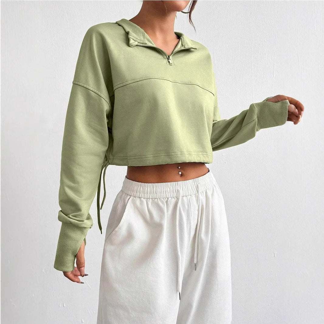 Women's Cropped Zip Neck Sweatshirt Balloon Sleeves