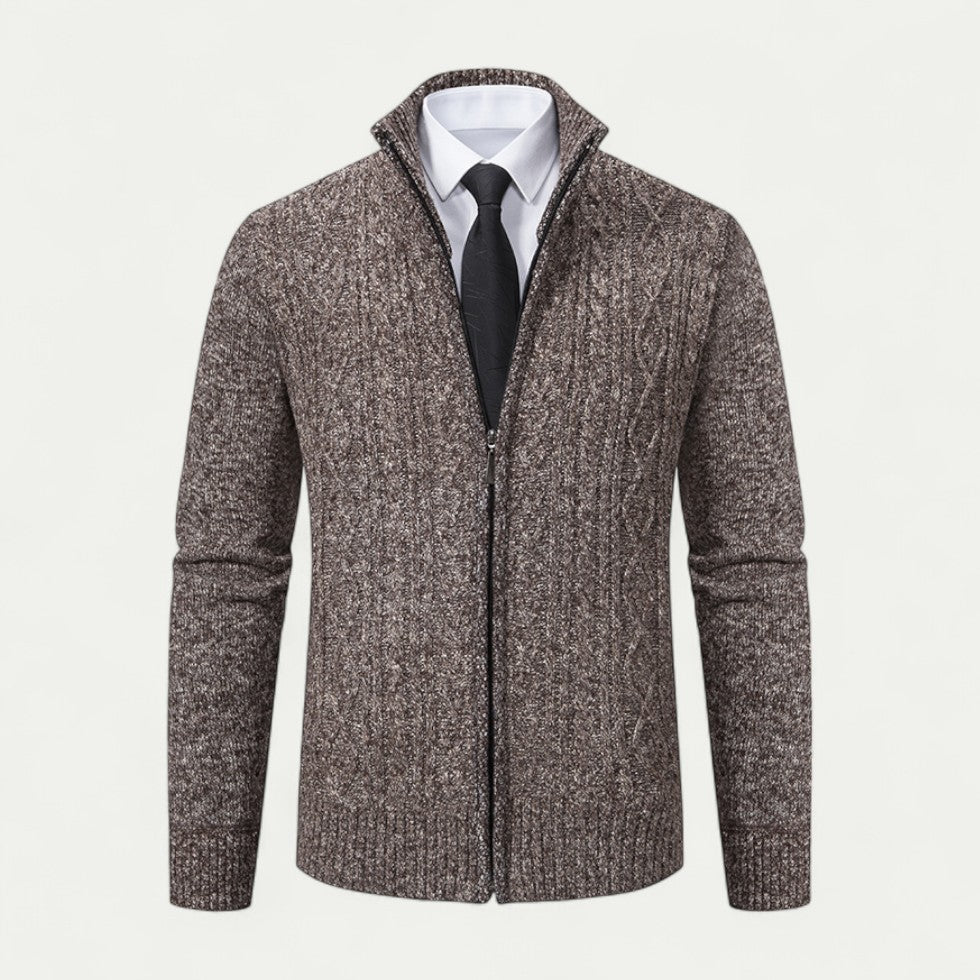 Men's Cable-Knit Zip-Up Cardigan Ribbed Hem High Collar