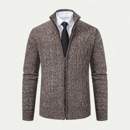 Men's Cable-Knit Zip-Up Cardigan Ribbed Hem High Collar