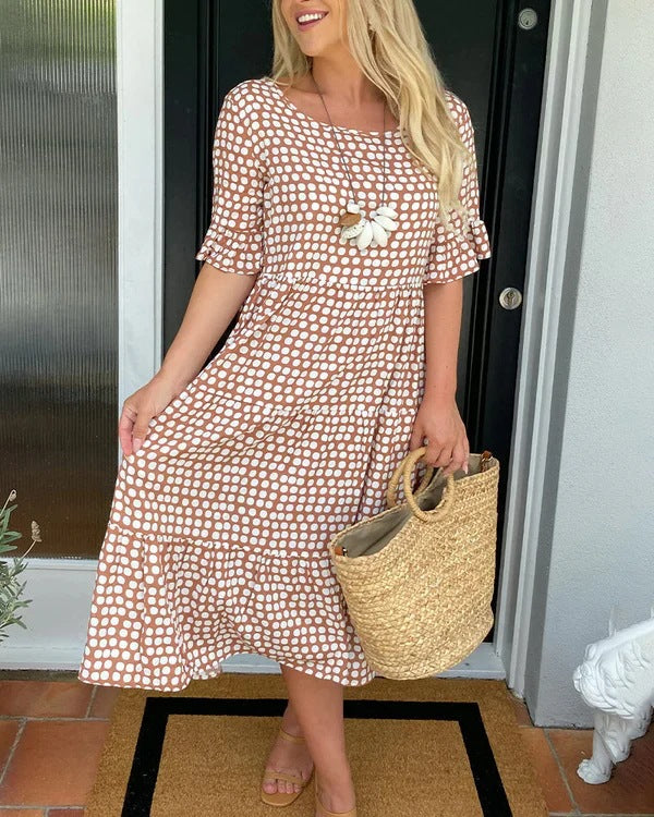 Women's Midi Dress Dot Print Ruffle Sleeves Round Neckline - VibreMode