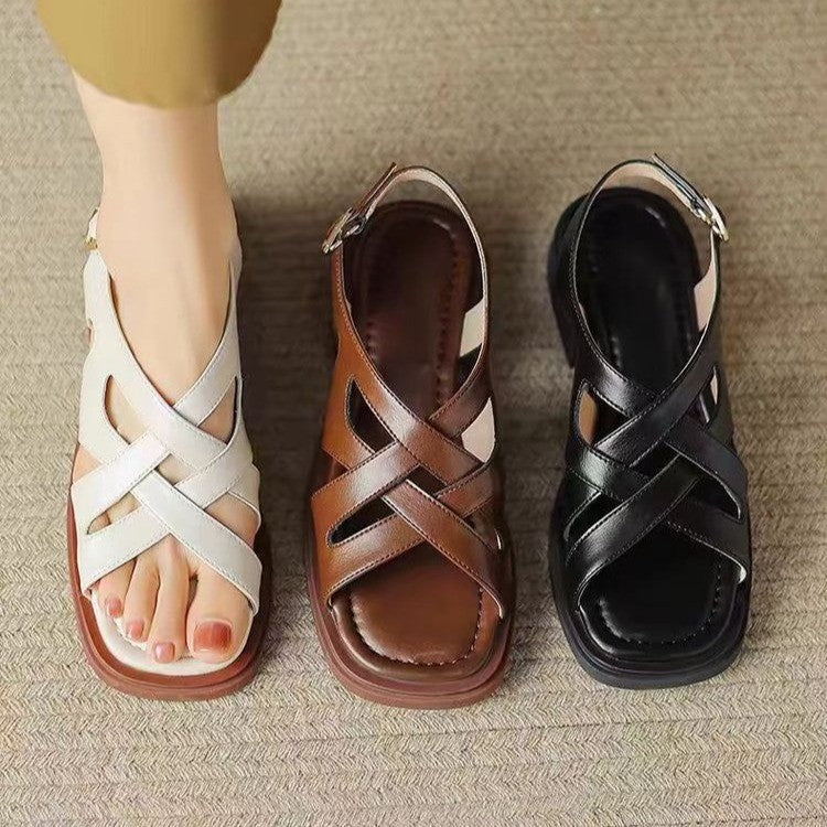 Luxury Brown Leather Flat Sandals