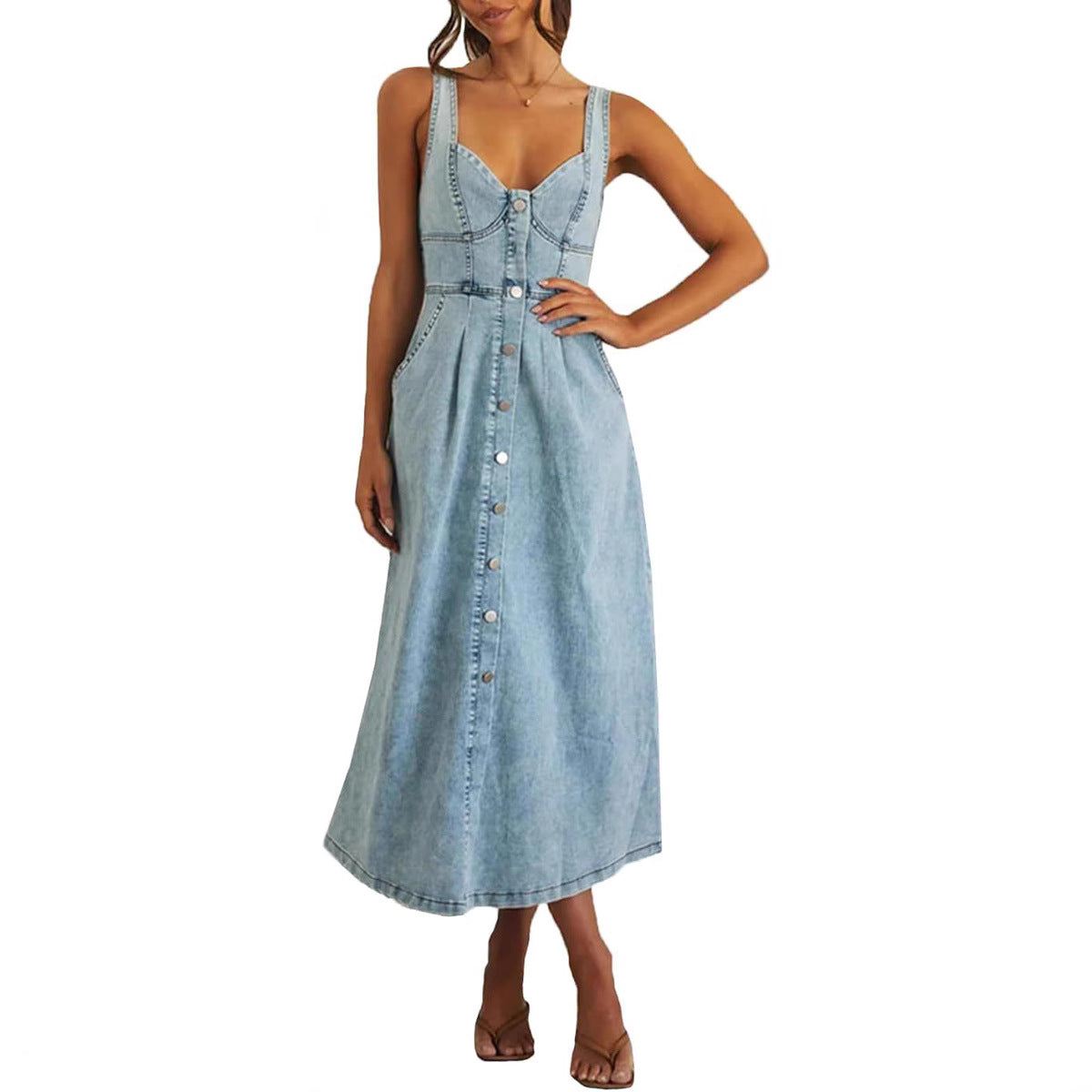 Simple Blue Summer Denim Dress - VibreMode