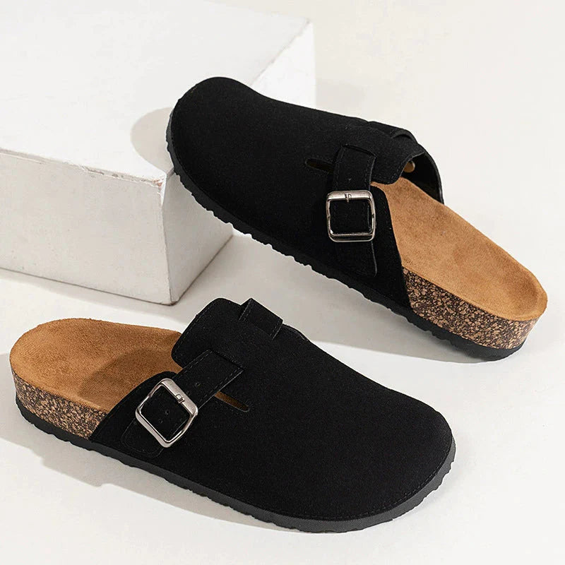 Luna Women's Adjustable Buckle Clogs Suede Cork Footbed Comfort - VibreMode