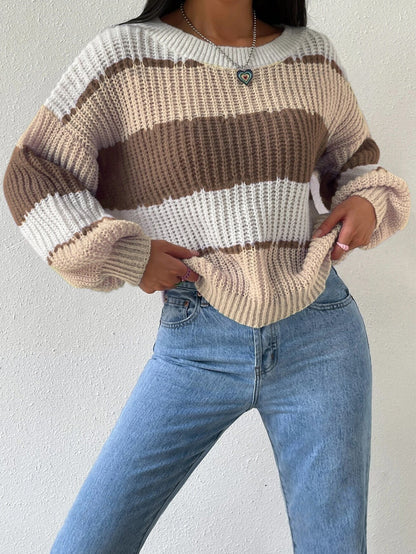 Women's Striped Crew Neck Sweater Long Sleeves Cozy Knit