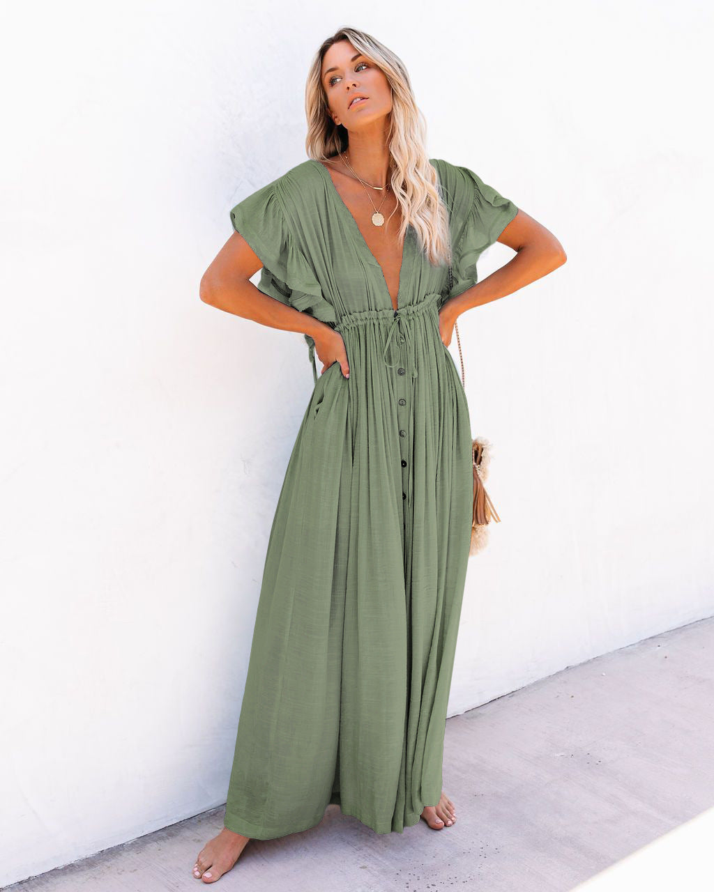 Women's Boho Beach Cover Up V Neck Flowy Dress