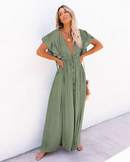 Women's Boho Beach Cover Up V Neck Flowy Dress