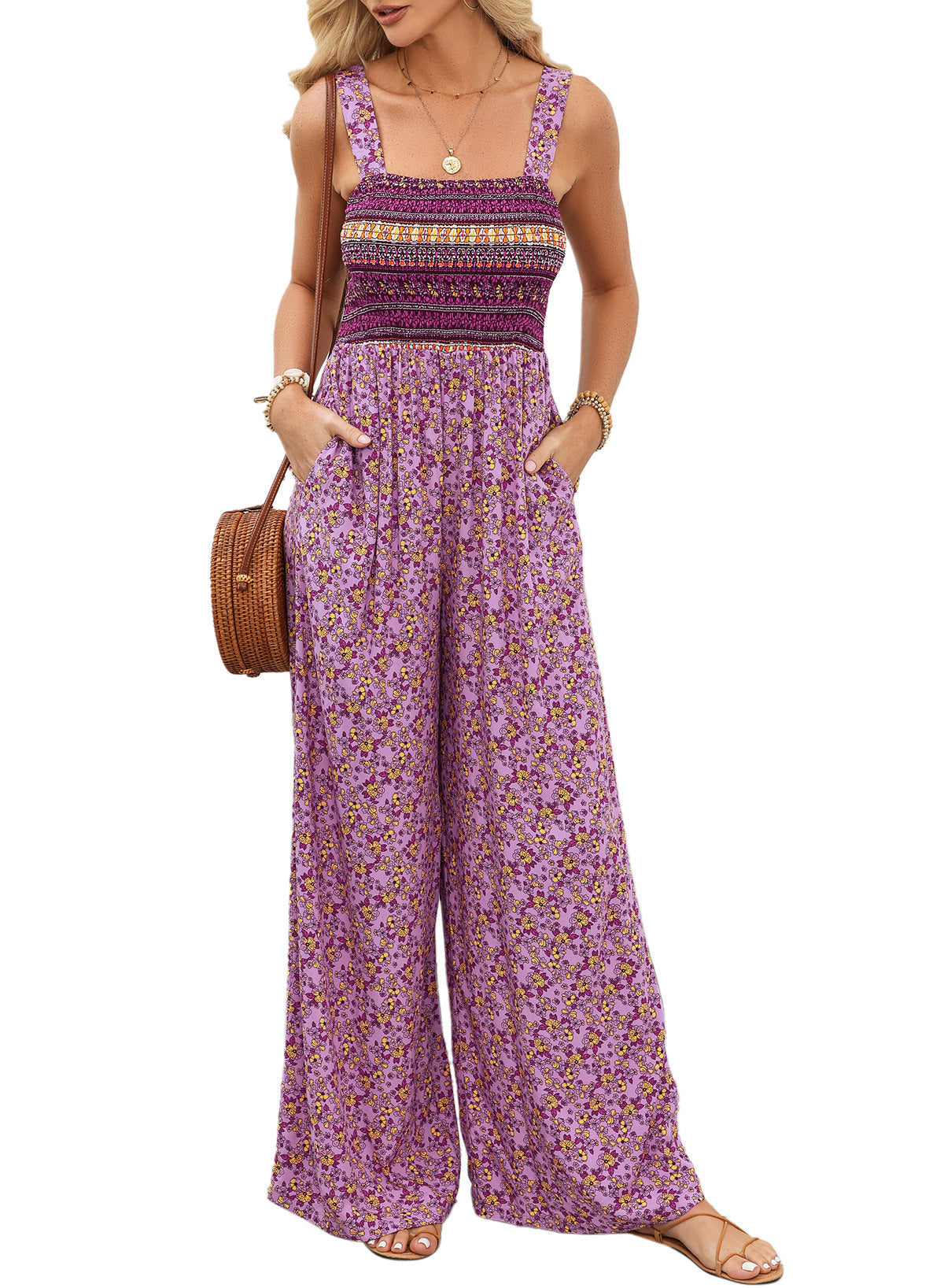 Women's Smocked Jumpsuit Wide Leg Cotton Side Pockets