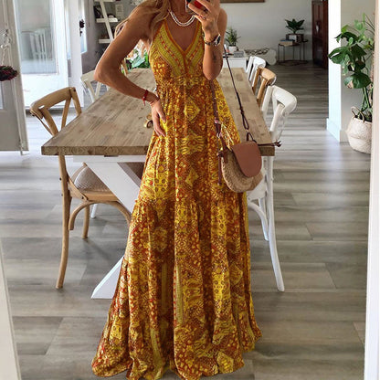 Women's Elegant V Neck Flowy Maxi Dress