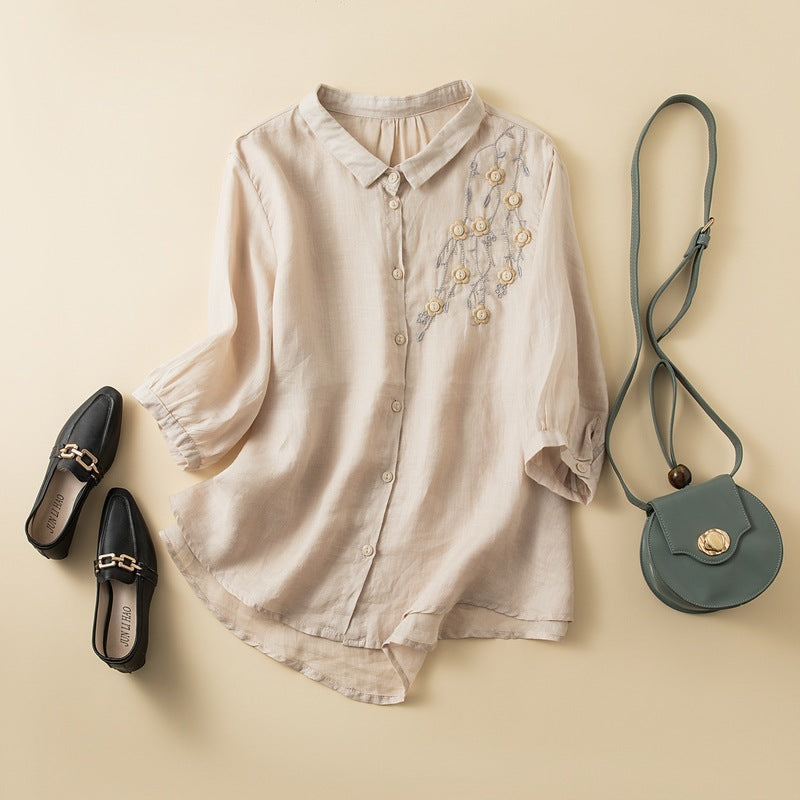Linen Blend Button-Up Blouse Embroidered Curved Hem - VibreMode