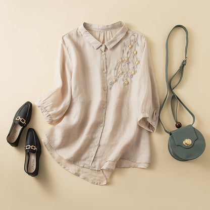 Linen Blend Button-Up Blouse Embroidered Curved Hem - VibreMode