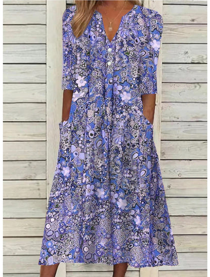 Women's Printed V-Neck Midi Dress