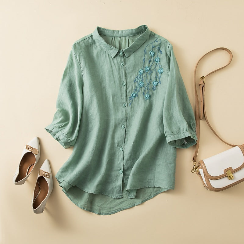 Linen Blend Button-Up Blouse Embroidered Curved Hem