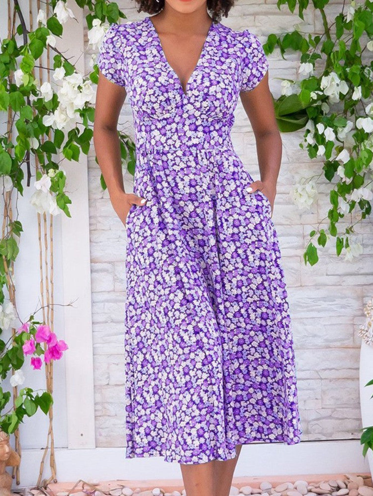 Women's V-Neck Midi Dress Short Sleeves