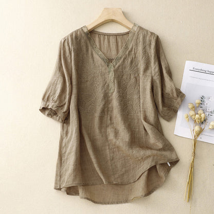 Women's Linen Blend Short Sleeve Blouse Embroidered V-Neck