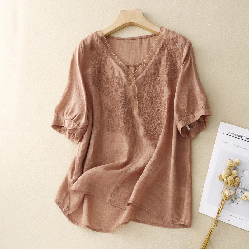 Women's Linen Blend Short Sleeve Blouse Embroidered V-Neck - VibreMode