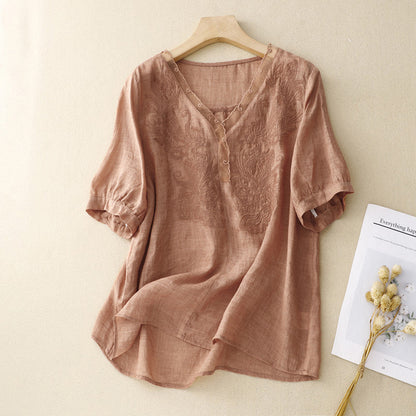 Women's Linen Blend Short Sleeve Blouse Embroidered V-Neck - VibreMode