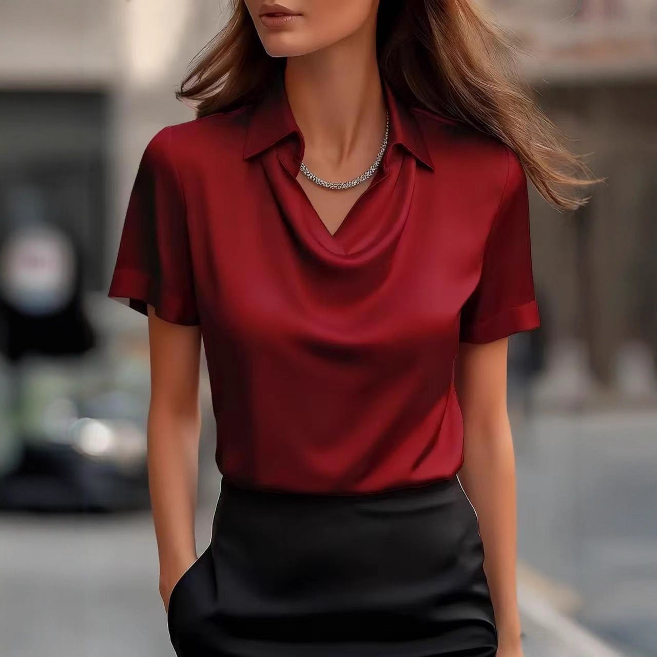 Women's Satin Blouse Cowl Neck Cuffed Sleeves