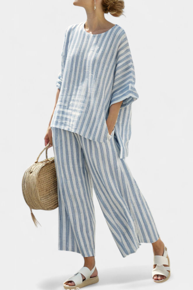 Nautical | Ladies' Classic Stripe T-Shirt & Palazzo Pants Set - VibreMode