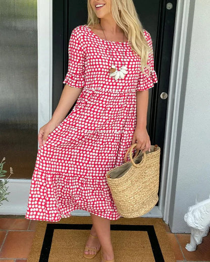 Women's Midi Dress Dot Print Ruffle Sleeves Round Neckline