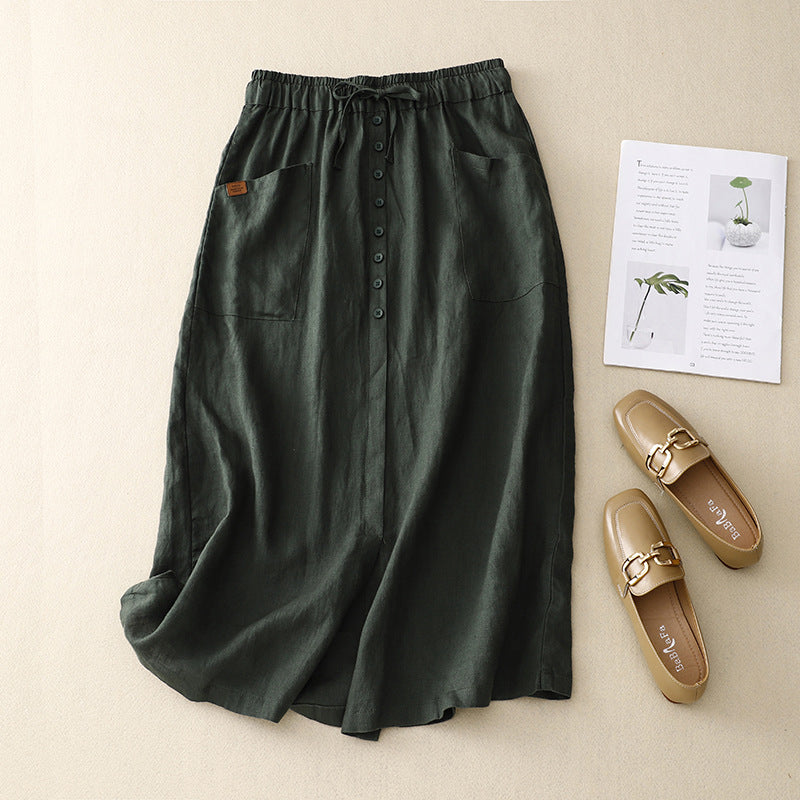 Women's Linen Midi Skirt Button Front with Pockets