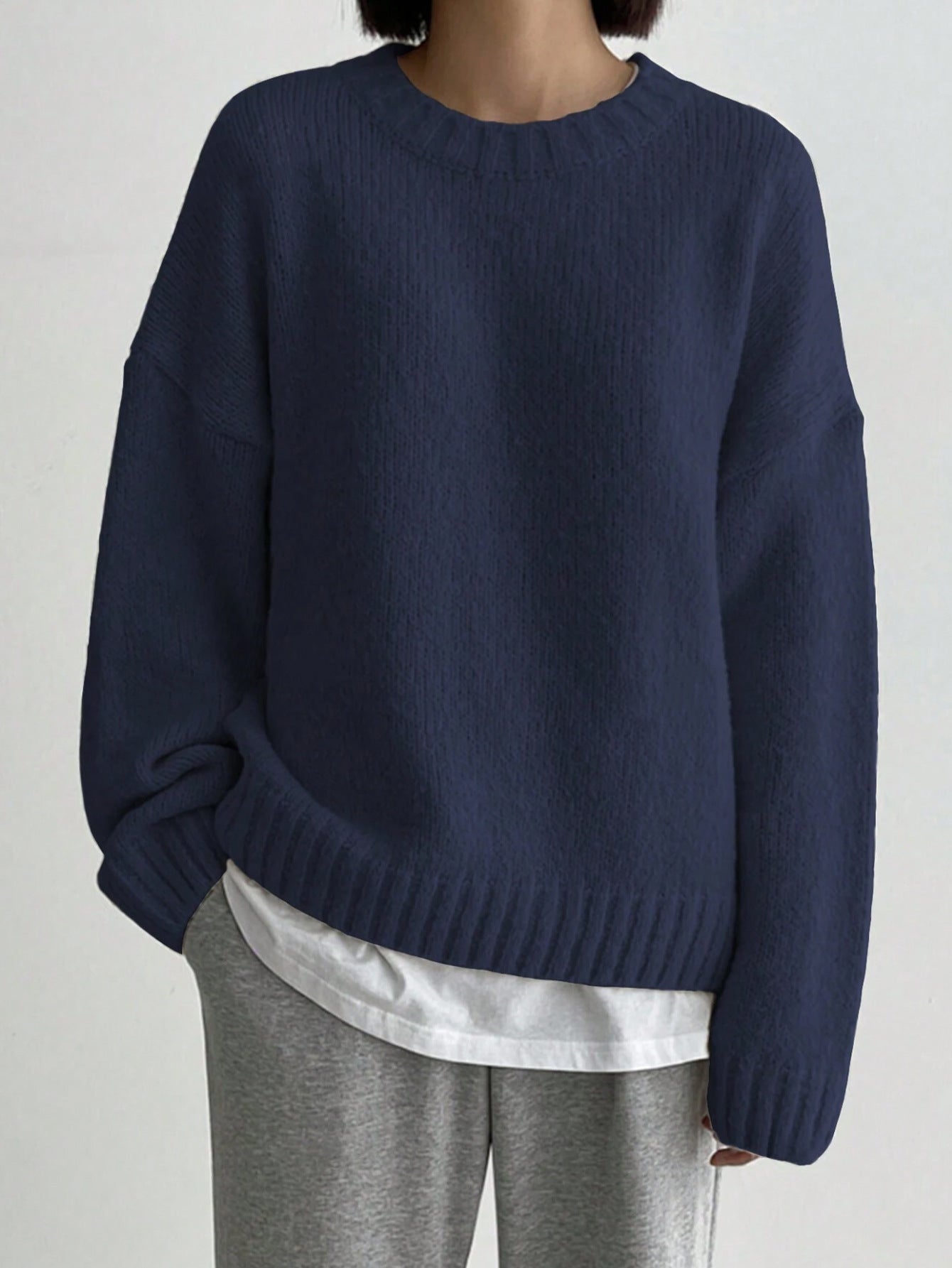 Women's Oversized Knit Sweater Crew Neck Ribbed Trim