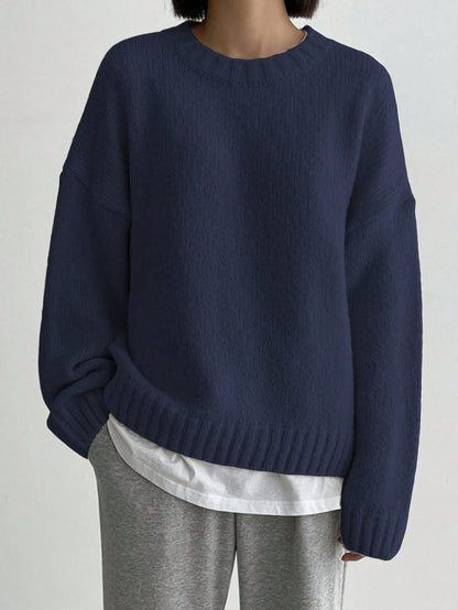 Women's Oversized Knit Sweater Crew Neck Ribbed Trim