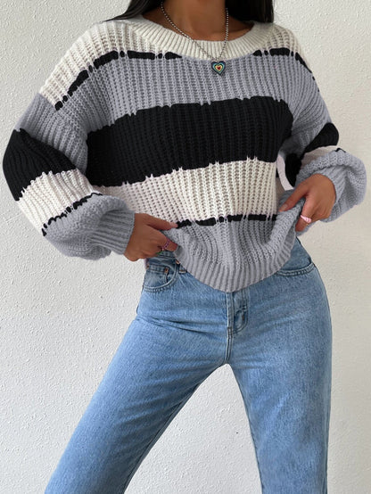 Women's Striped Crew Neck Sweater Long Sleeves Cozy Knit