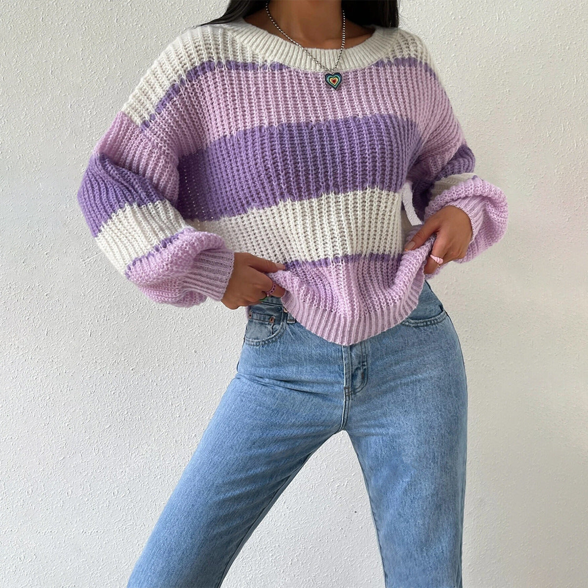 Women's Striped Crew Neck Sweater Long Sleeves Cozy Knit - VibreMode