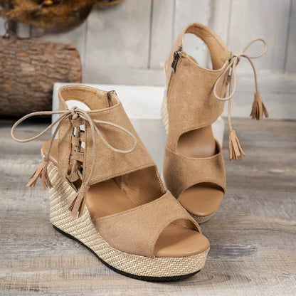 Women's Lace-Up Peep-Toe Wedge Sandals Comfortable Heel - VibreMode