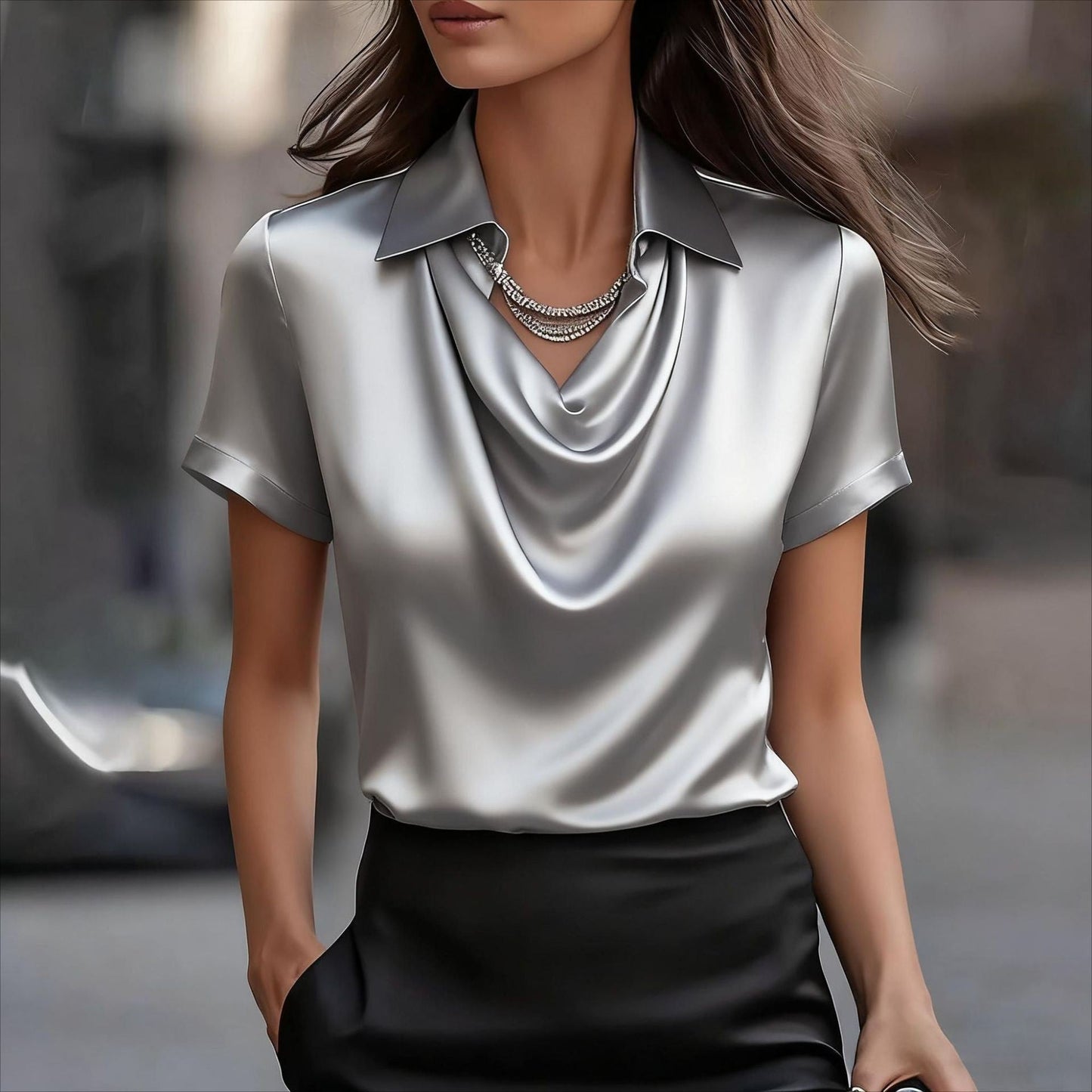 Women's Satin Blouse Cowl Neck Cuffed Sleeves
