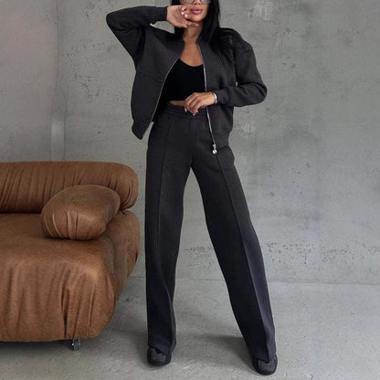Women's Zipper Jacket And Wide Leg Pants Set